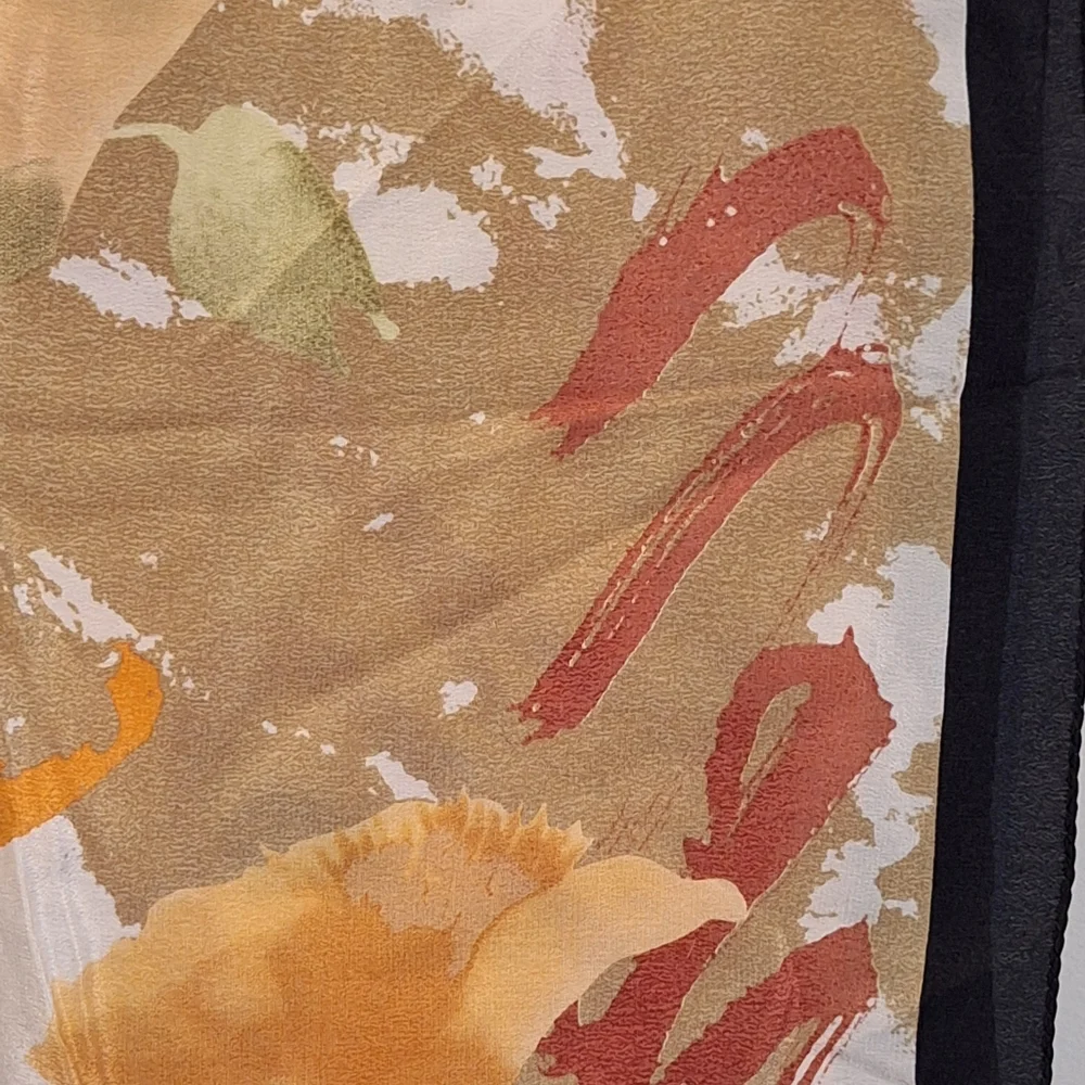 QIFANG 100% SILK Floral Print Scarf with Black Border